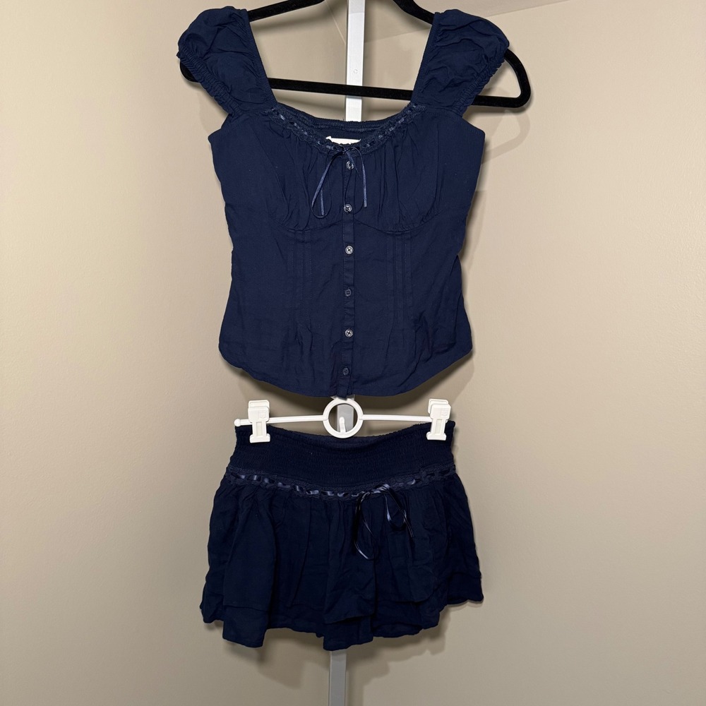 Hollister Navy Blue Milkmaid Corset Top and Tiered Mini Skirt 2 Piece Set Small